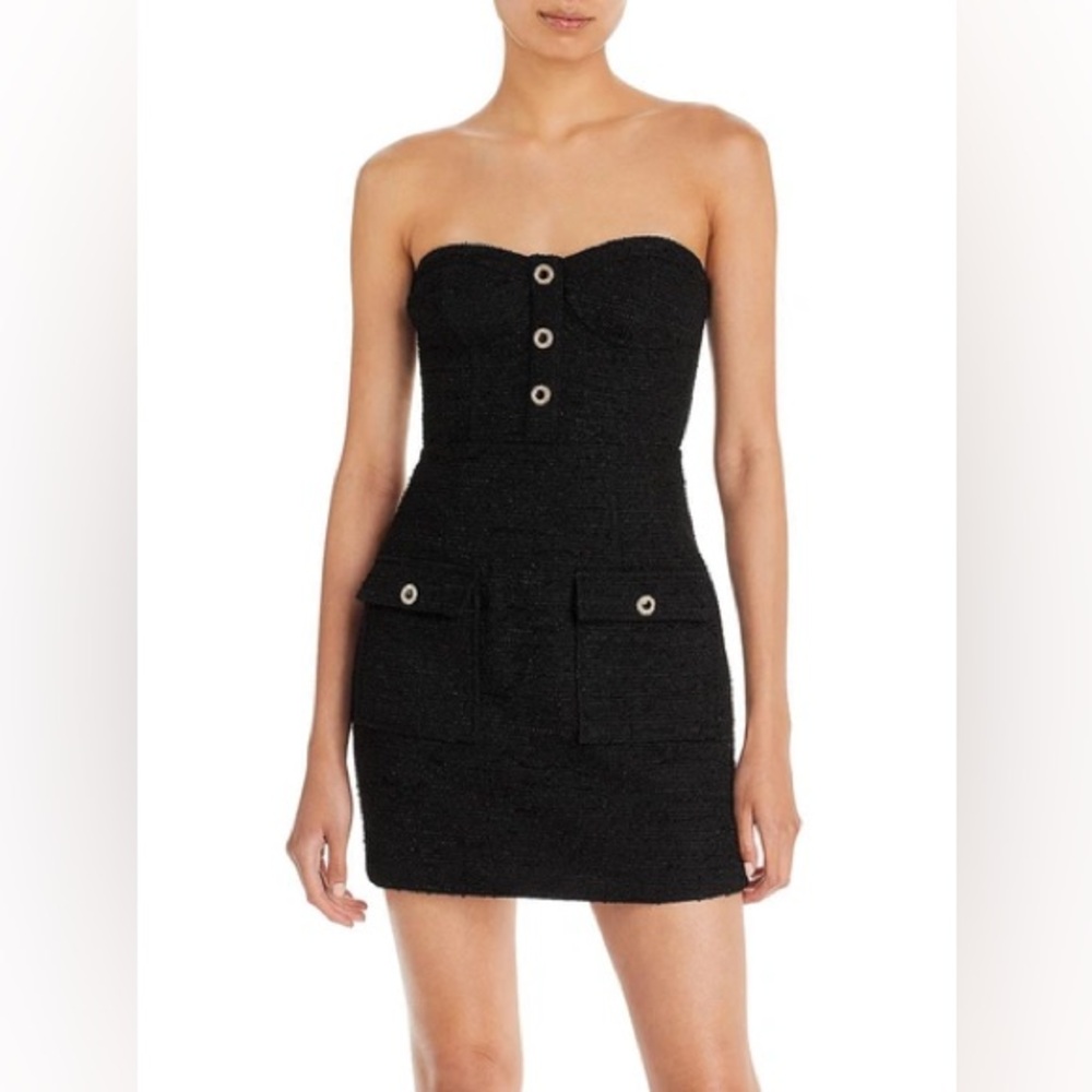 AQUA for Bloomingdale’s black tweed strapless mini LBD dress pockets size Large